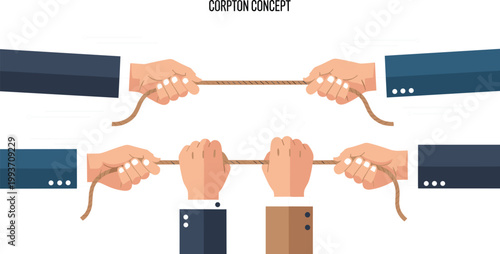 Corporate Tug of War Vector Set Featuring Business Hands in Suits Pulling Rope for Competition, Conflict, and Collaboration Design ConceptsCorporate Tug of War Vector Set 
