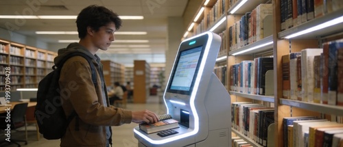 Student using self-service checkout kiosk in a modern library