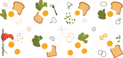 Healthy Breakfast Vector Set Featuring Sunny Side Up Fried Eggs with Toast, Fresh Green Salad, and Sliced Tomatoes for Culinary and Morning Brunch Designs 
