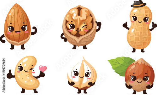 Kawaii Nut Character Vector Set Featuring Cute Cartoon Almond, Walnut, Peanut, Cashew, Macadamia, and Hazelnut Mascots for Healthy Snack and Kids Food BrandingKawaii Nut Character Vector 