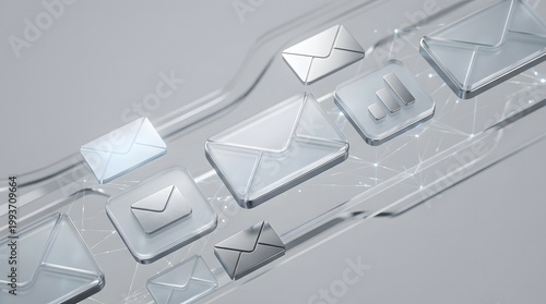 Glass envelope icons and digital data symbols floating on abstract background. Concept of electronic message delivery and global communication network. Modern minimalist 3D interface design.