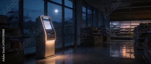 Illuminated self-service kiosk inside a dark grocery store at night