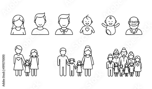 Family outline icon set vector parents kids grandparents line style