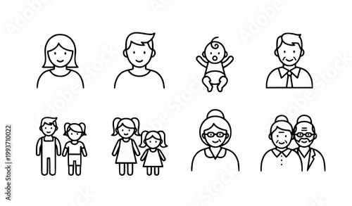 Family web line icons vector set parents children grandparents UI design