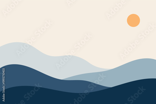 Minimal abstract landscape with layered blue waves and soft beige sky. Modern vector background featuring smooth curves, calm tones, and sunset accent, ideal for wallpapers, branding, and design