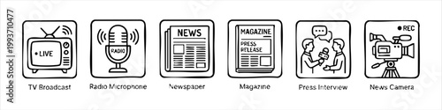 Hand-Drawn Media and Journalism Icon Set: Television, Radio, Newspaper, Magazine, Press Interview, and News Camera Illustrations