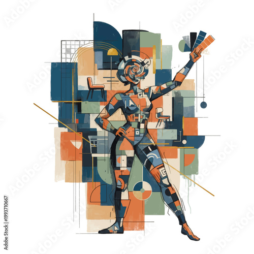 Abstract geometric contemporary illustration with a female figure as an interior designer. Mid-century modern style with a palette of muted colors, a swivel head and furniture elements. Vector.