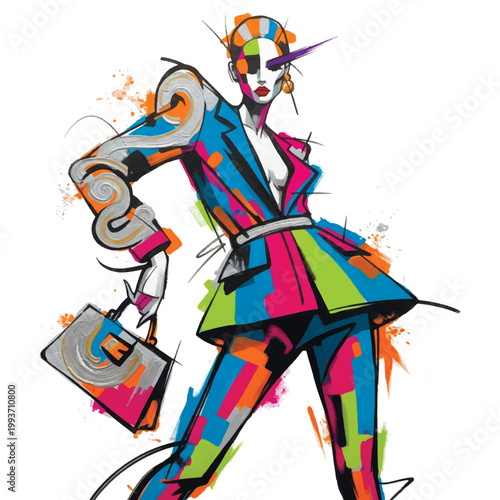 Trendy vector fashion illustration of a woman in a colorful, graffiti style power suit, holding a branded handbag. Features dynamic brushstrokes, a futuristic headpiece, abstract paint splatters.