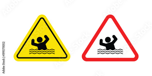 Risk of drowning warning sign. Line and glyph solid vector collection.