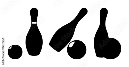 Bowling set with black silhouette on white background featuring bowling pin and ball with line art, minimalist, outline, graphic