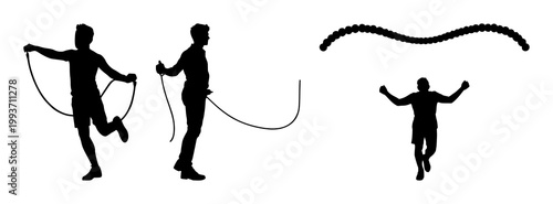 Skipping rope set with black silhouette and white background featuring fitness, exercise, cardio with silhouette and white background