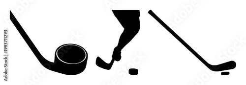 Hockey stick and puck set with black silhouette against white background featuring sports, action, outdoors with hockey and ice