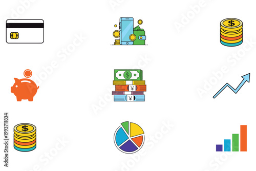 Set of six financial icons displaying credit card, mobile banking, coin stacks, piggy bank, money bundles, and growth chart.