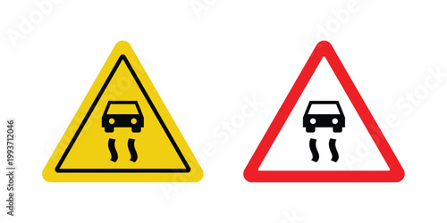 Slippery road sign. Line and glyph solid vector collection.