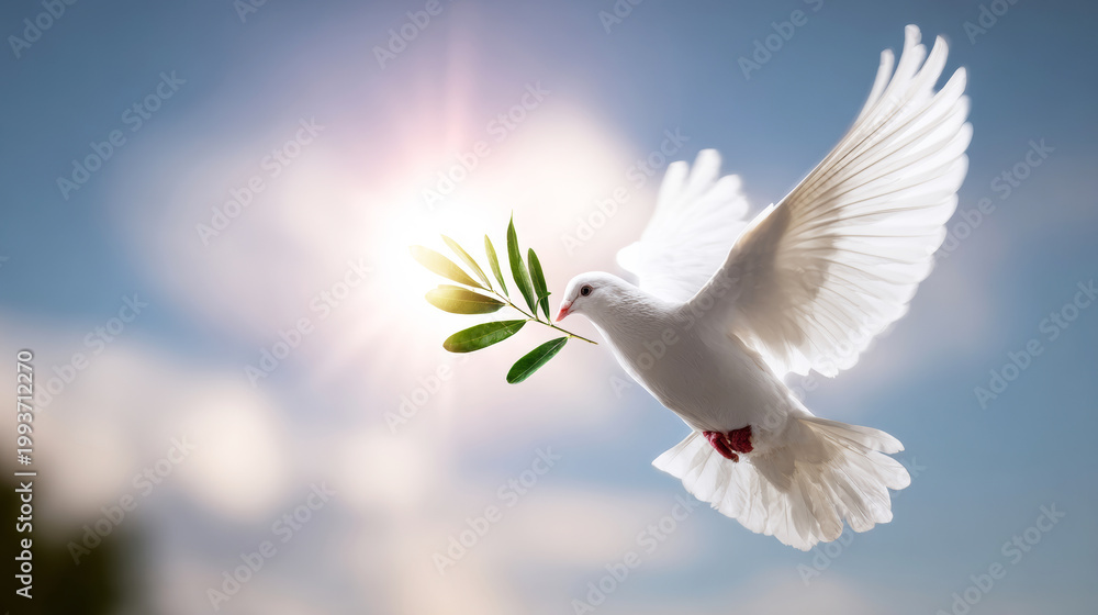Fototapeta premium Dove carrying an olive branch, spreading wings against a bright blue sky with soft clouds and sun rays