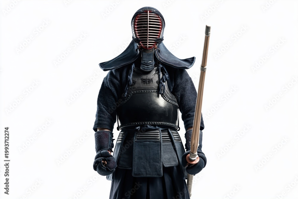 Fototapeta premium Kendoka wearing traditional protective armor and holding wooden sword. Japanese martial artist practicing kendo