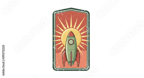 A vintage-style rocket ship emblem featuring a classic spaceship launching against a large, radiant sun. This retro-futuristic illustration uses a warm color palette with a distressed, aged texture.