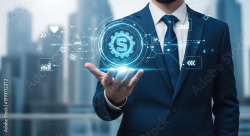 Businessman holding a futuristic digital interface with a gear icon and letter s