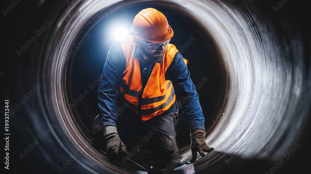 Fototapeta premium Worker applying protective coating inside large industrial pipe, wearing hardhat, safety vest, and headlamp for internal inspection