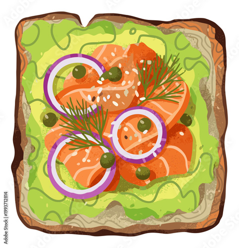 Salmon avocado toast healthy breakfast illustration