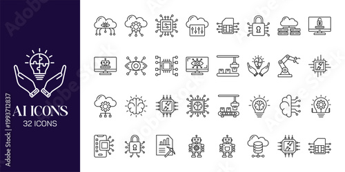 Artificial Intelligence Icon Set with AI Brain, Machine Learning, Robot, Data Network and Futuristic Technology Vector Collection
