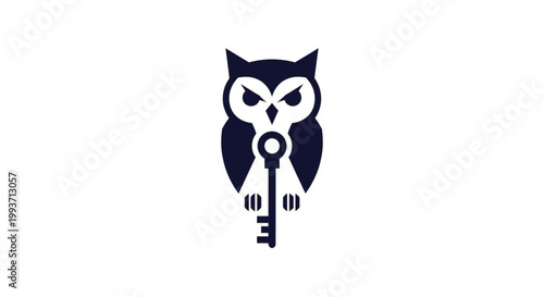 A minimalist flat vector logo design featuring a wise owl silhouette integrated with a vintage key. This dark navy blue and white emblem symbolizes wisdom, security, and the key to knowledge. 