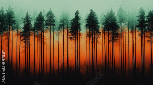 Forest silhouettes against a fiery, hazy sky.