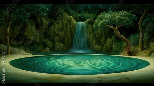 Lush, mystical forest scene with a tranquil, central pool.