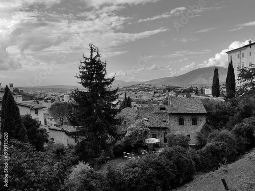 Spoleto, Italy - September 23, 2025, Panoramic view from the roof garden located directly below Piazza del Duomo in Spoleto, known as the Piazza Duomo garden terrace.