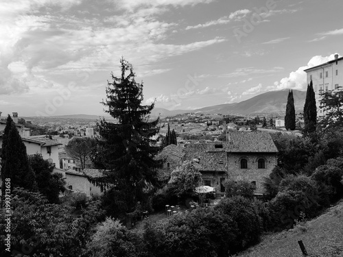 Spoleto, Italy - September 23, 2025, Panoramic view from the roof garden located directly below Piazza del Duomo in Spoleto, known as the Piazza Duomo garden terrace.