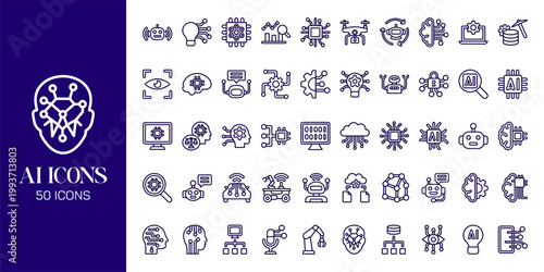 Artificial Intelligence Icon Set with AI Brain, Machine Learning, Robot, Data Network and Futuristic Technology Vector Collection