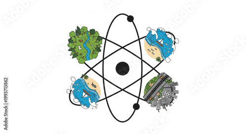 A conceptual illustration combining an atom symbol with various environmental scenes representing earth's diverse ecosystems. Four circular icons show a green forest, ocean waves, a tropical island.