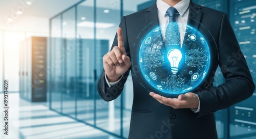 Businessman holding a glowing digital lightbulb icon representing innovation and technology in a modern server room