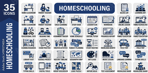 A modern set of line icons illustrating comprehensive homeschooling concepts, including online learning, parent-teacher guidance, various child activities, and family education