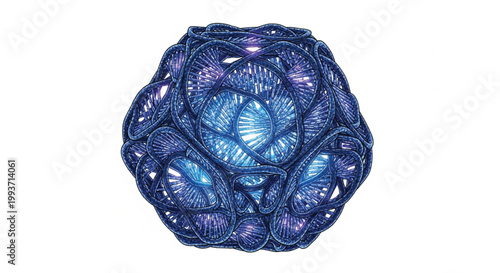 An intricate 3D abstract sphere featuring a complex blue latticework design with a glowing inner core. This futuristic, high-tech illustration resembles a microscopic cell or advanced data structure.