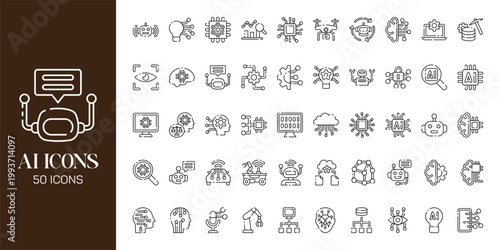 Artificial Intelligence Icon Set with AI Brain, Machine Learning, Robot, Data Network and Futuristic Technology Vector Collection