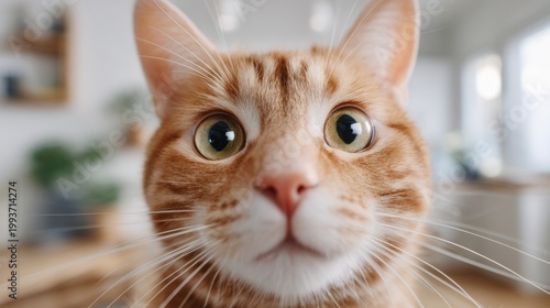 Close-up of an orange tabby cat with large expressive eyes, showcasing its curious nature in a cozy indoor environment filled with soft lighting and natural decor elements