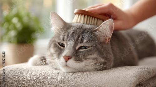 Gray domestic cat being gently brushed by a hand, showcasing a serene moment of grooming in a cozy indoor environment with soft textures and natural light