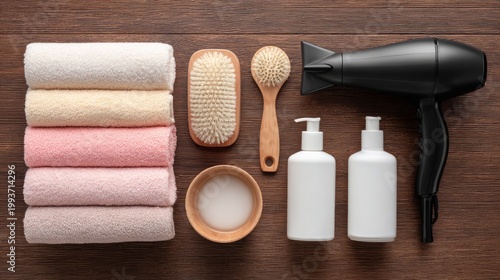 Collection of soft towels, hairdryer, wooden brush, and skincare products arranged on wooden surface, creating a serene spa atmosphere for relaxation and self-care