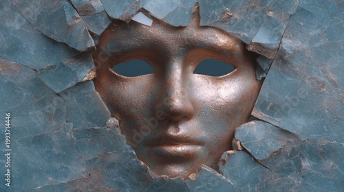 Abstract mask emerging from shattered glass, showcasing intricate textures and reflections, symbolizing transformation and the interplay between reality and illusion in art