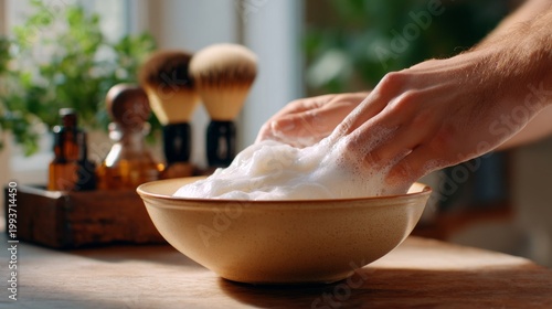 Hands of a male grooming enthusiast creating rich lather in a bowl, surrounded by traditional shaving tools, showcasing the art of classic shaving preparation and self-care ritual