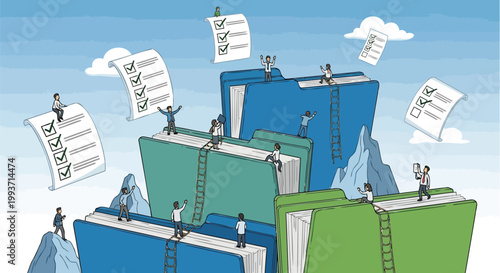 Streamlined data management and efficient document organization Small figures collaborate to navigate vast digital archives, ensuring successful task completion