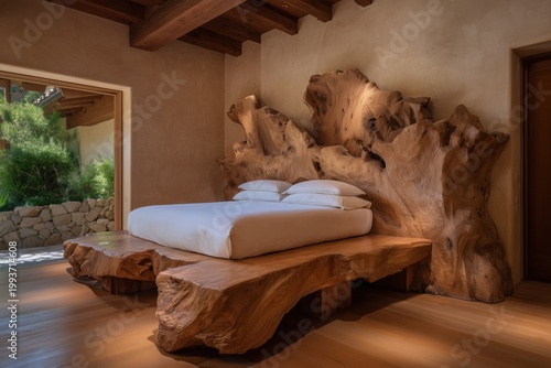 Rustic Retreat: A stunning bedroom featuring a unique wooden bed, the centerpiece of a serene interior, creating a space of both comfort and natural beauty.