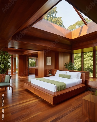 Elegant Bedroom Interior: A luxurious bedroom showcases rich wooden elements, a modern bed, and an expansive window that invites natural light, creating a sanctuary of comfort and style.