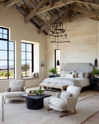 Bedroom Serenity: A spacious, sunlit bedroom showcases a blend of rustic charm and modern elegance. Features a master bed and chairs, all set against a backdrop of natural light. 