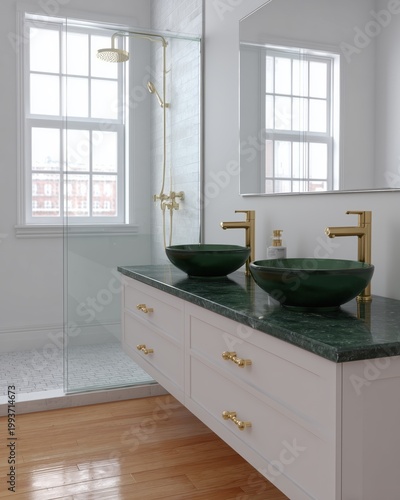 Elegant Bathroom Interior Design: A sleek and modern bathroom design, featuring a double vanity with green vessel sinks and gold fixtures, exuding luxury and sophistication.