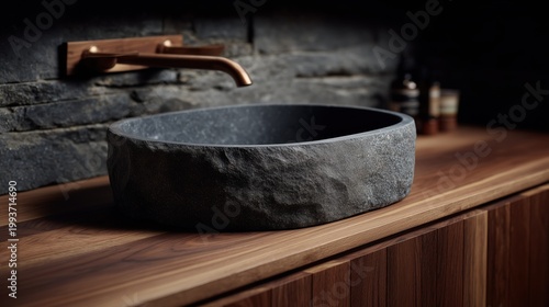 Stone Sink in Modern Bathroom: A modern bathroom showcases a unique stone sink, its textured surface complementing the warm wooden countertop and elegant bronze faucet.