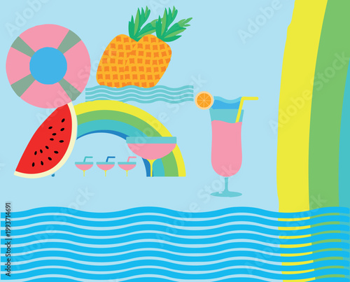 Vibrant summer vacation vector illustration, tropical beach party elements with cocktails and fruit, colorful seasonal holiday background with rainbow