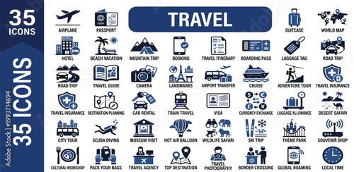 Travel Icons A Comprehensive Collection of 35 Icons for Tourism, Transportation, and Adventure