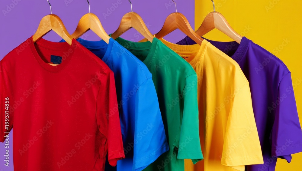 Fototapeta premium A collection of t-shirts in different colors hanging on wooden hangers, perfect for kids and adults alike, showcasing a variety of vibrant colors and styles.